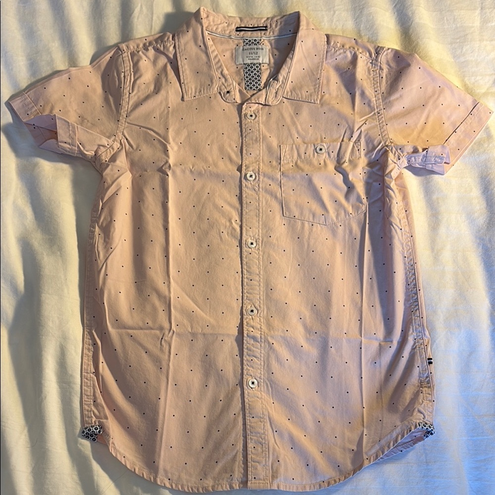 Cactus New York dusty pink navy polka dot short sleeve India cotton shirt EUC